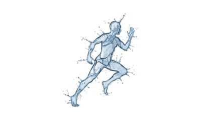 Creative water splash forming a running figure on a transparent background, ideal for motion graphics and abstract design.