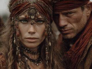 Strong. Stoic nomad couple posing with intense gazes. Showcasing ancient tribal jewelry. Desert headpieces. And traditional red fabric turbans in earthy tones