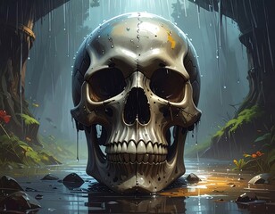 A large metallic skull sits in a flooded forest, rain falling. The skull reflects the water, with blurred, natural background