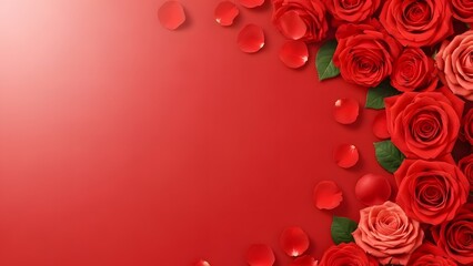 Happy valentine's day wishes with beautiful roses and petals on red background for lovers