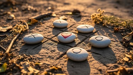 A rustic Valentine's Day card scene. A natural XOXO tic-tac-toe game played with smooth river stones on packed earth, one stone perfectly heart-shaped, in soft golden hour light