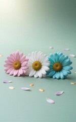 Obraz premium Three colorful daisies on mint green, scattered petals nearby. Soft pastel tones, minimalist still life.
