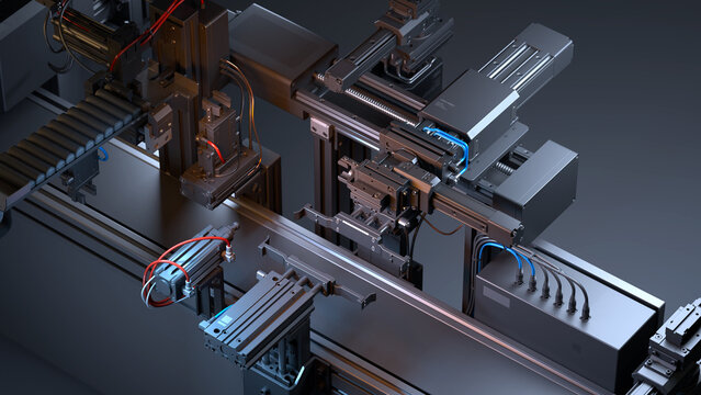 Automated Electronics Assembly Line 3D Render: Robotic Arms with Pneumatic Grippers, Electric Actuators and Conveyor in Dark Cinematic Lighting for High-Tech Industry 4.0 and Robotics Background