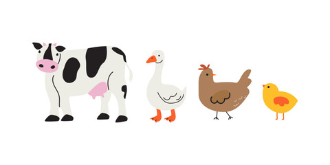 Cartoon cute farm animals in doodle flat style. Cow, goose, chicken, chick. Cozy village life elements. Vector illustration isolated © luamor