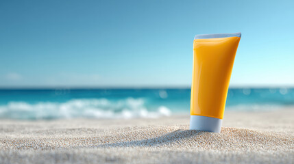 Sunblock on sandy beach near ocean