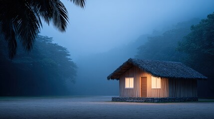 Rustic wooden cabin with thatched roof illuminated at night, surrounded by misty forest landscape, creating a serene and tranquil atmosphere in nature
