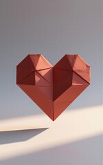 Red origami heart floats above soft surface, casting gentle shadow in minimalist light.