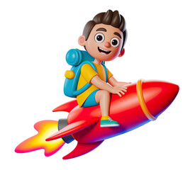 3D Render of a Happy Boy Flying on a Rocket for Fun, Travel, and Exploration Theme