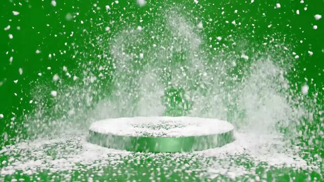 Green podium with falling snow, creating a festive and magical winter scene.