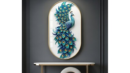 Oval Wall Art of a Peacock with Blue and Green Feathers photo