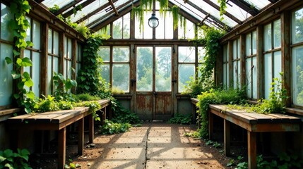 Overgrown Greenhouse Interior with Rustic Wooden Benches and Sunlit Floor