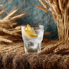 Glass of gin and tonic with lemon slice on rustic straw background, surrounded by wheat, refreshing and natural atmosphere