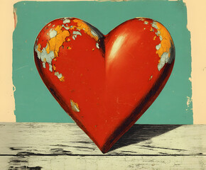 Red heart with peeling paint on a distressed wooden surface, symbolizing enduring love, resilience, and vintage romance against a teal and beige background