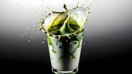 Dynamic splash of green liquid in a transparent glass capturing motion and