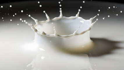 Dynamic splash of milk forming a crown-like shape with droplets in motion
