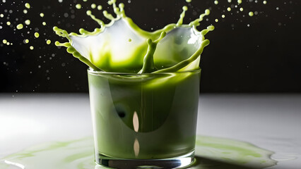 Dynamic Splash of vibrant green liquid erupting from glass with high energy