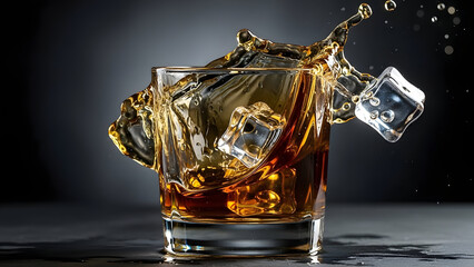 Close-up of stylish whiskey glass with ice cubes splashing dynamic motion shot