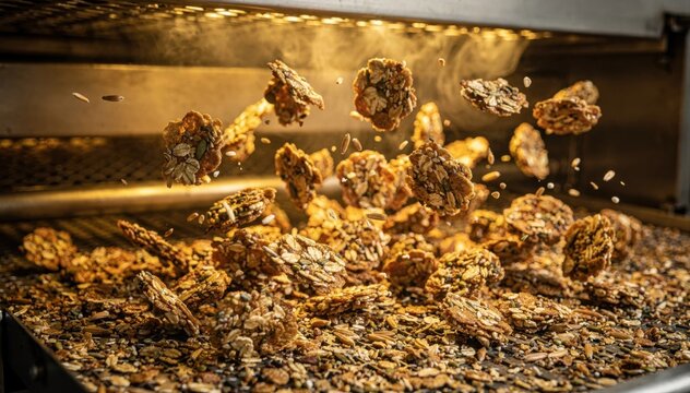 Multigrain cereal clusters gently tumbling inside a continuous oven emphasizing the blend of diverse grains being toasted for a wholesome breakfast option.