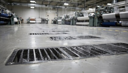 View of floorlevel dust return grates in a weaving workshop capturing airborne fibers as part of an integrated plantwide dust control system.