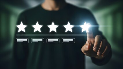 A person interacting with a glowing rating system interface with five stars