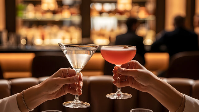 Elegant cocktail glasses held by two hands in stylish bar setting at night