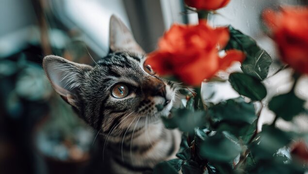 Cat observing red roses indoors selective focus nature and pet portrait
