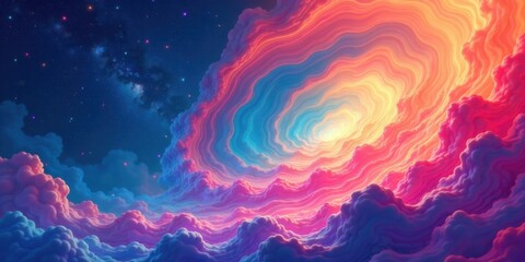 Celestial Swirl A Dreamlike Panorama of Colorful Clouds and a Starry Night Sky