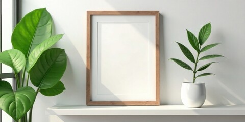 Simple Wooden Frame Mockup with Lush Greenery on a Shelf