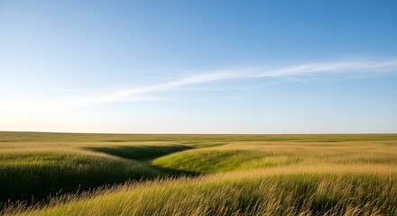 Obraz premium Expansive golden grassland under a vast, clear blue sky with wispy clouds.
