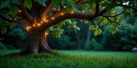 Enchanted Tree Trunk Adorned with Twinkling Fairy Lights in a Serene Green Lawn Setting