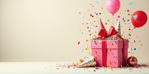A Festive Celebration Pink Gift Box Overflowing with Colorful Confetti, Party Hats, and Balloons