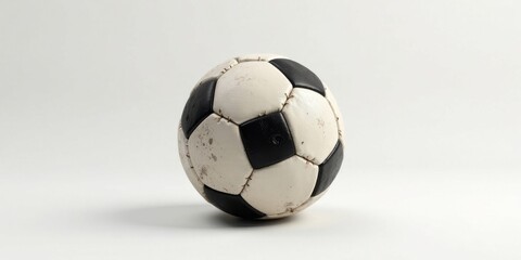 A well-worn leather soccer ball, showing signs of age and use, rests on a plain white background.  Its classic black and white design is subtly offset by the accumulated dirt and wear.
