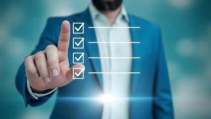 Businessman interacting with virtual checklist interface on finger touch