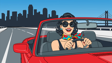 Naklejka premium Retro stylish woman driving a red convertible on a highway vector illustration with cityscape background