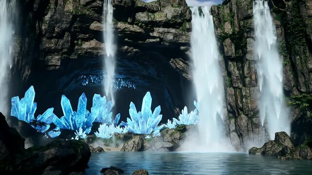 Fantastical waterfall cavern with glowing blue crystal formations and dark rugged rocks