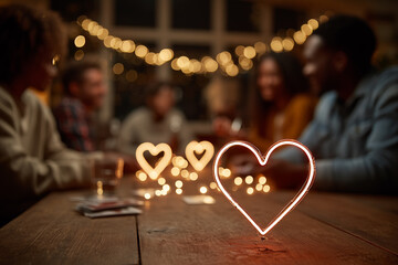 Heart-shaped decorations on table with friends gathering in background