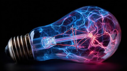 Electric Lightning Inside a Glass Light Bulb: Neon Glow Of Blue And Pink Currents Showcases Innovation, Energy, And Creative Power