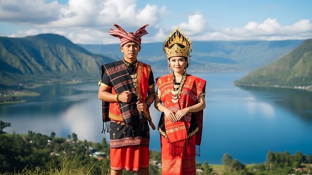 A couple in traditional Batak attire poses in front of Lake Toba, North Sumatra, Indonesia.