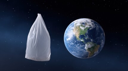 Fototapeta premium Digital Composite of Earth Floating Next to a Plastic Bag in Outer Space Environment
