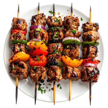 Grilled shish tawook appetizer isolated on white, tender yogurt-marinated chicken skewers with a smoky and garlicky flavor