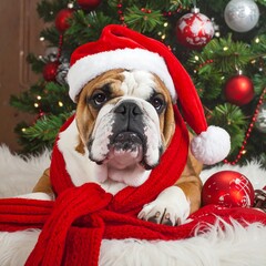 Festive Bulldog Ready for Christmas with Santa Hat and Scarf.