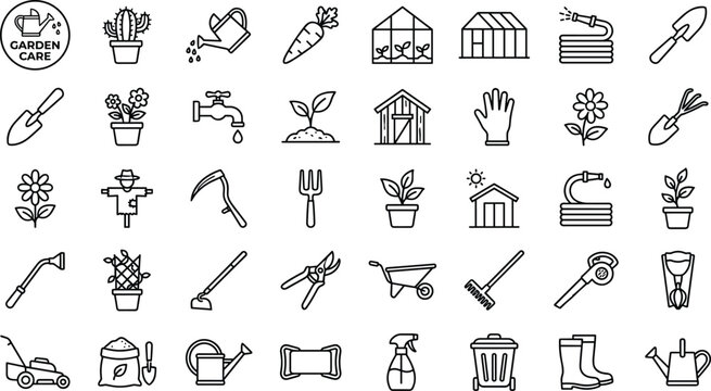 Large collection of black and white gardening icons, featuring plants, tools, sheds, greenhouse, and backyard farming equipment for landscaping, outdoors