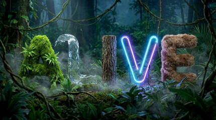 the word alive spelled with nature elements like moss water wood neon light and fur in a green forest