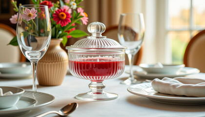 Naklejka premium Elegant dining table setting with cranberry sauce in glass bowl and flowers 