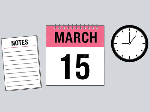 March 15 calendar date with clock and notes grey background - Powered by Adobe