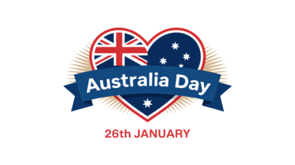 Australia Day logo with heart shaped Australian flag in red, white, and blue colors on white background for national holiday celebration