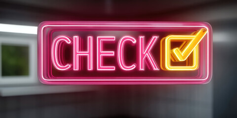 Check neon sign glowing with yellow check mark, modern interior background, verification, approval, confirmation, digital concept