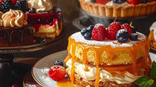Delicious assortment of cakes and tarts adorned with fresh berries and creamy toppings.