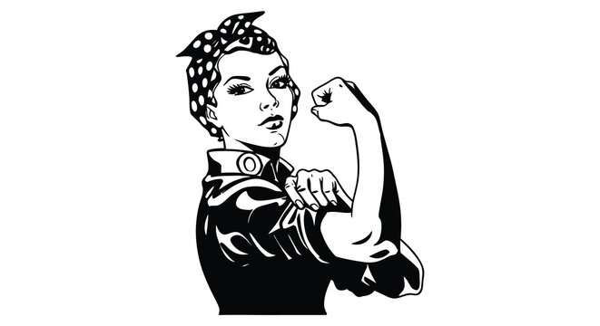 Empowered woman with flexed bicep vintage style illustration iconic imagery silhouette