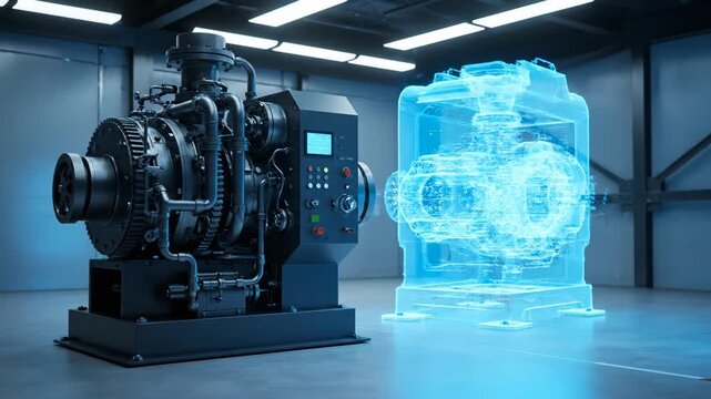 Industrial Machine and its Glowing Blue Digital Twin Hologram.